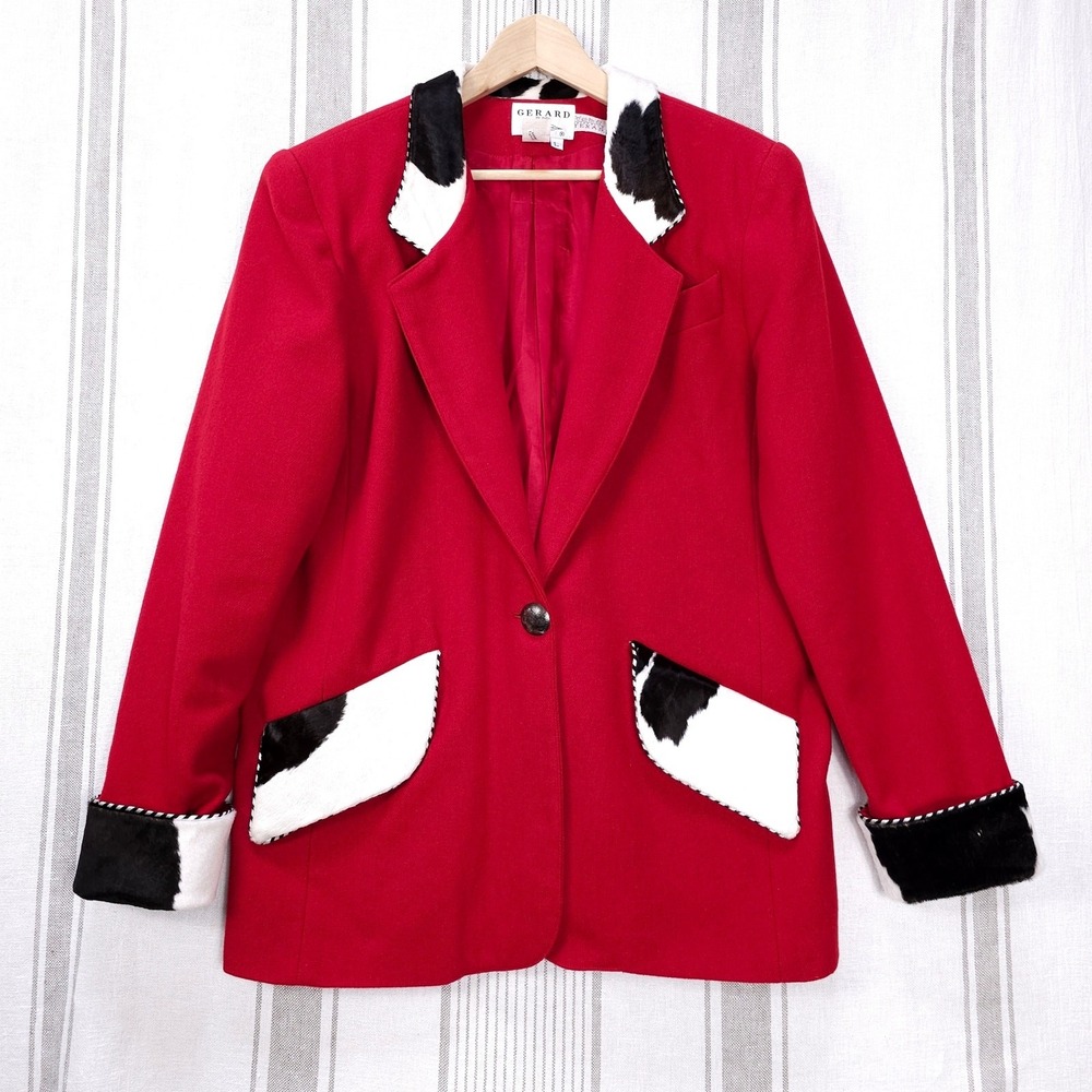VTG Western Coat Womens Large Red Wool Real‎ Calf Hair Cowgirl Sterling Button